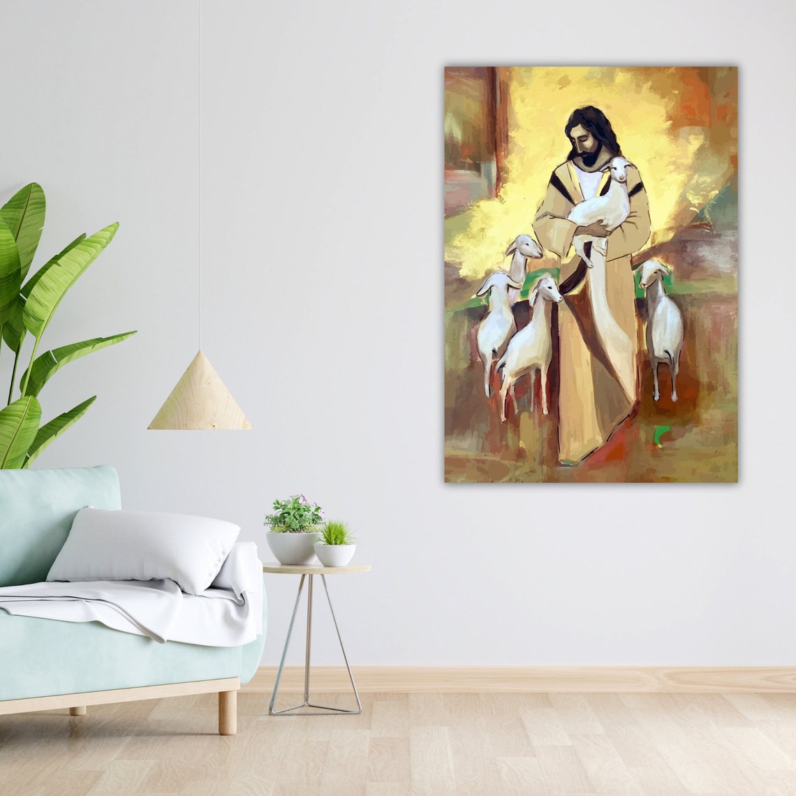 Jesus Good Shepherd White Lamb Sheep Golden Warm Art Print Poster - Image 5