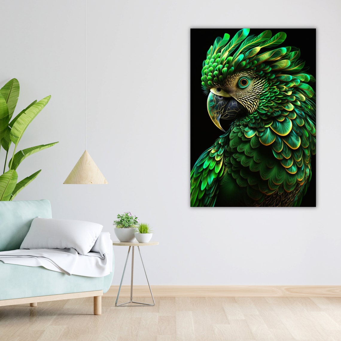 Vibrant Green Parrot Portrait Black Background Feather Art Poster - Image 4