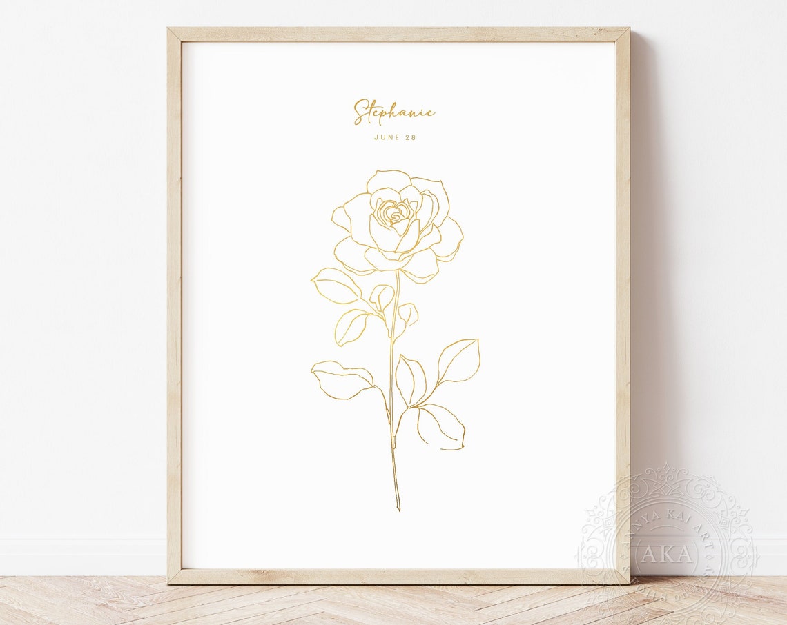 June Birth Month Rose Gold Foil Personalized Botanical Wall Art