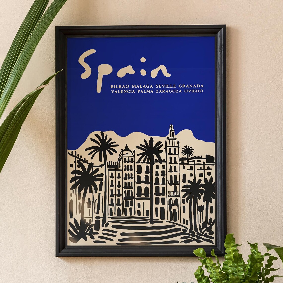 Spain Blue Palm Skyline Zaragoza Oviedo Cityscape Travel Poster