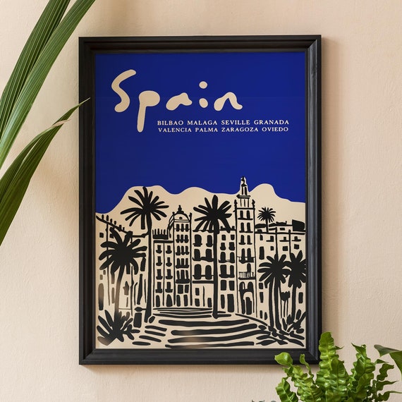 Spain Travel Poster In Bold Blue Iconic Spanish Cities Skyline Print Modern Art Design Hotel Room Wall Art Airbnb Decor Poster