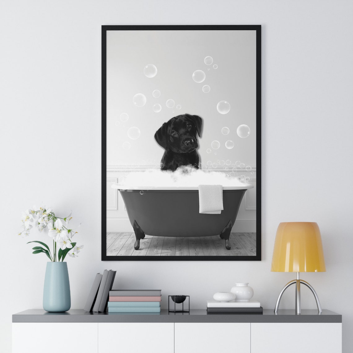 Black Labrador Puppy In Bubble Bath Clawfoot Tub Funny Bathroom Poster - Image 2