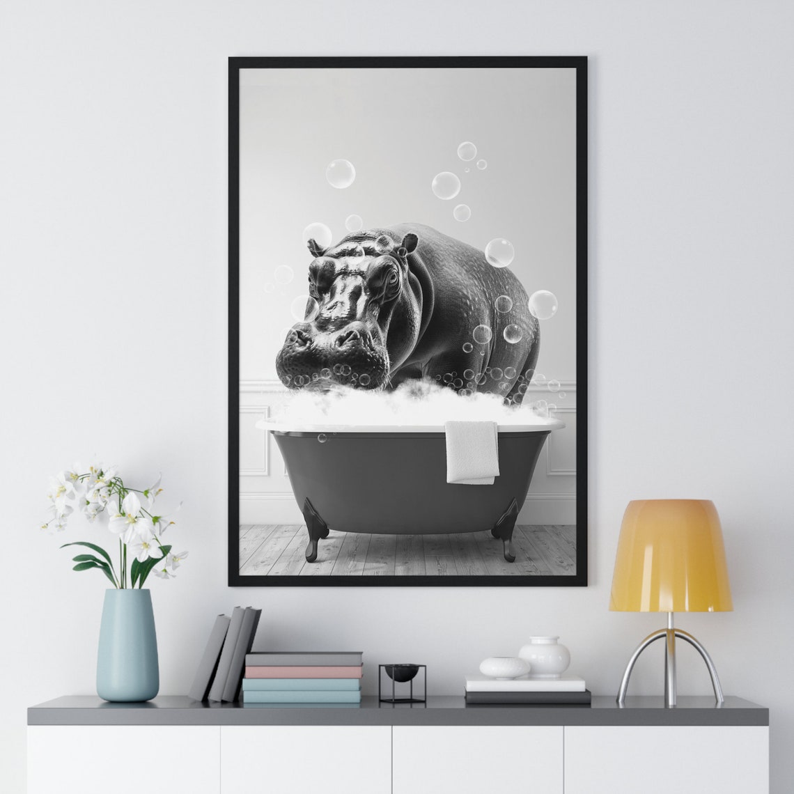 Hippo in Bubble Bath Black and White Funny Animal Art Poster - Image 2