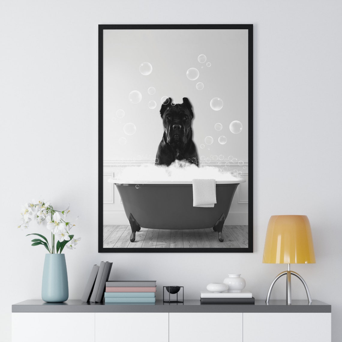 Cane Corso Dog in a Bubble Bath Black and White Funny Bathroom Poster - Image 2