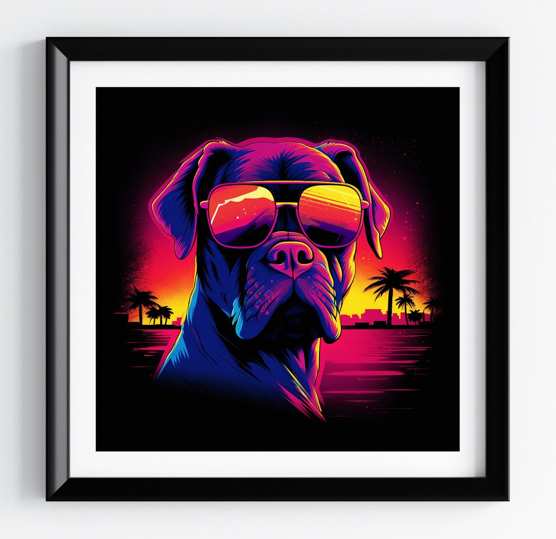 Boxer Dog Retro 80s Neon Synthwave Sunset Pet Portrait Poster