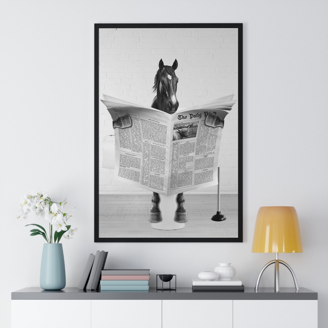 Horse Reading The Daily News on Toilet Whimsy Bathroom Poster - Image 2