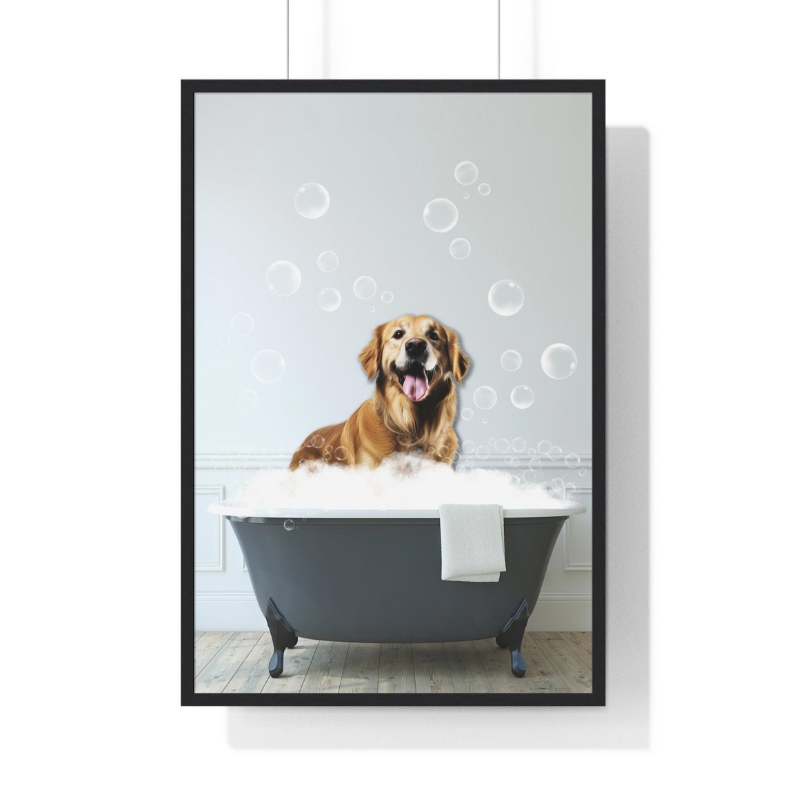 Smiling Golden Retriever Dog in a Clawfoot Bubble Bath Poster