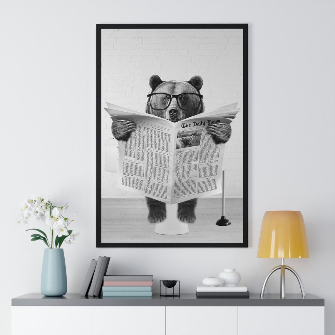 Bear Wearing Glasses Reading Newspaper On Toilet Funny Bathroom Poster - Image 2