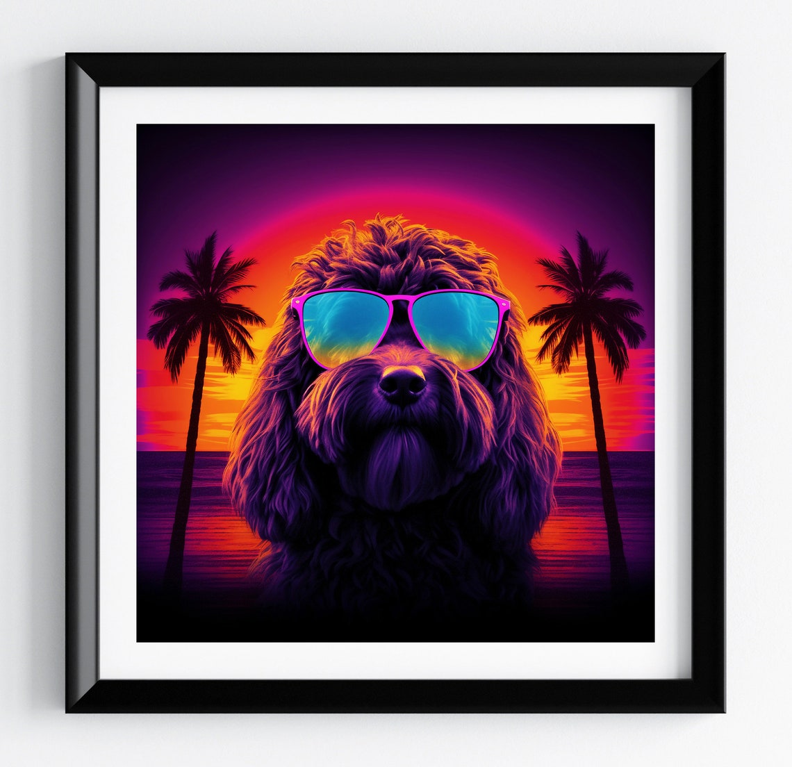 Labradoodle Tropical Palm Sunset Neon Retro Dog Portrait Poster