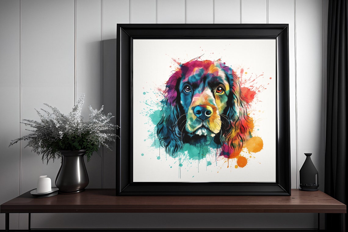 Cocker Spaniel Watercolor Splatter Portrait Rainbow Dog Poster