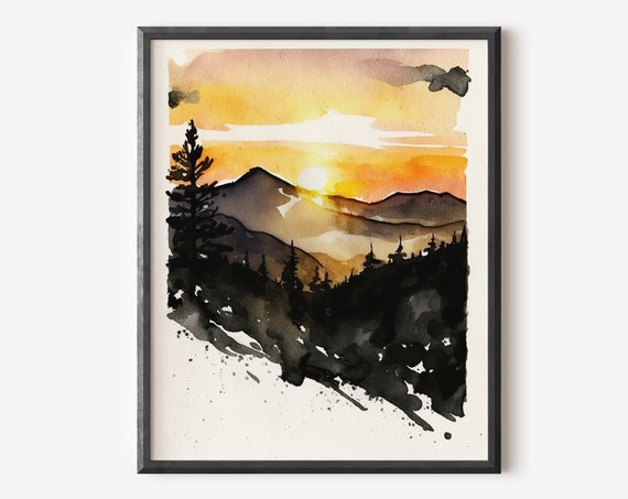 Sunset Mountain Painting Wall Art Color Watercolor Print Colorado Abstract Landscape