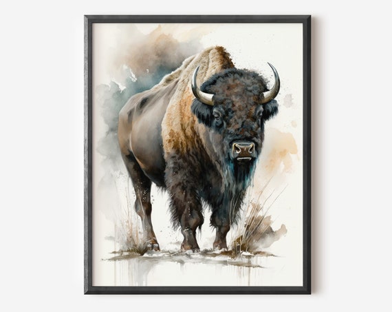 Bison Wall Art Buffalo Print Plains Watercolor Painting Cabin Decor Farmhouse