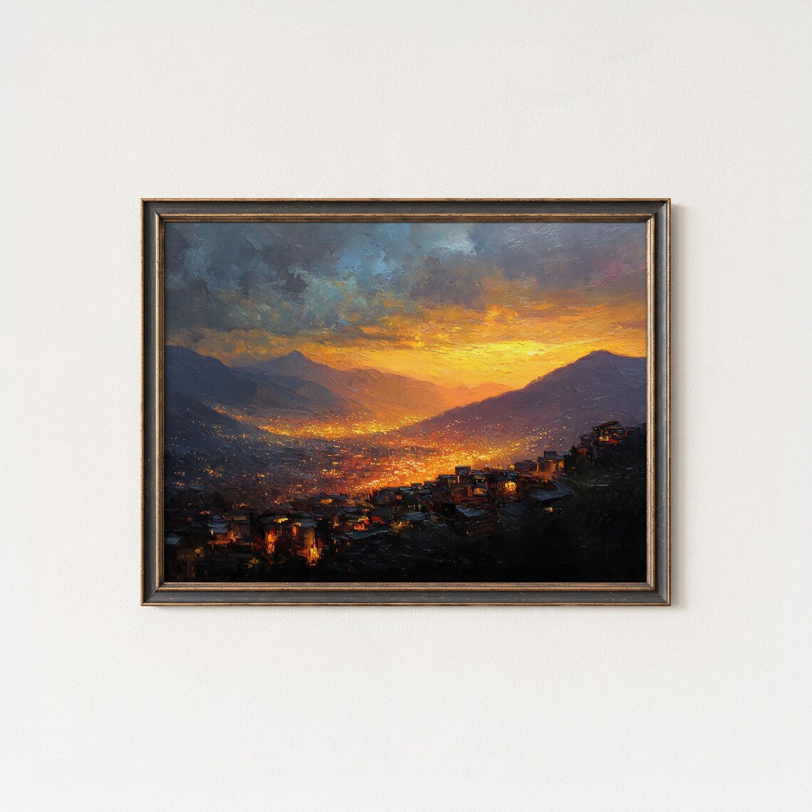 Valley City Lights Sunset Oil Painting Mountains Cityscape Wall Poster
