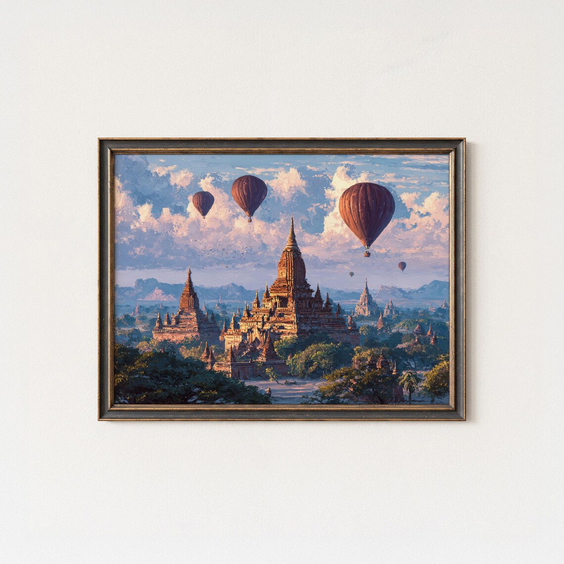 Bagan Temples Sunrise Hot Air Balloons Myanmar Oil Painting Poster