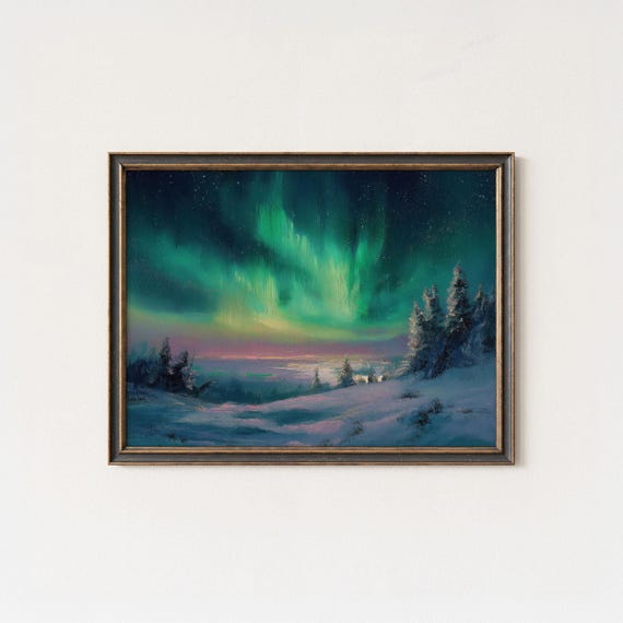 Aurora Borealis Painting Arctic Winter Landscape Art Print