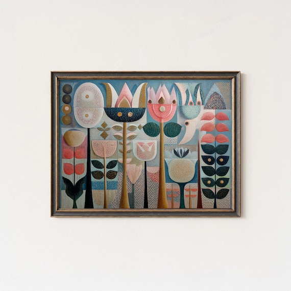 Mid Century Modern Abstract Floral Folk Art Geometric Flower Poster
