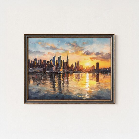 Nyc Sunset Watercolor Art Print Manhattan Skyline Museum Quality