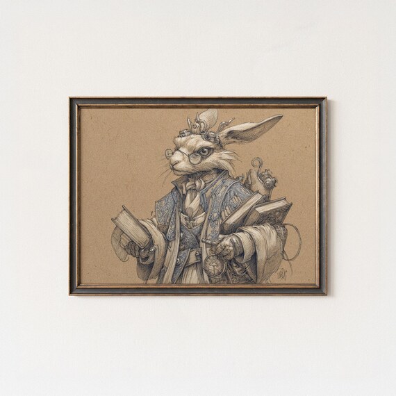 Victorian Rabbit Wall Art Print Steampunk Aristocratic Scholar Bunny With Books And Pocket Watch Whimsical Animal Decor
