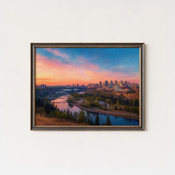 Edmonton Sunset Skyline Art Print Alberta Cityscape Oil Painting
