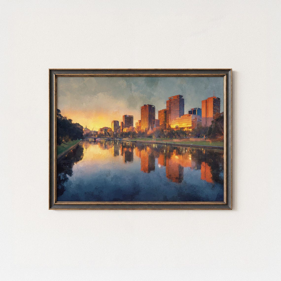 City Skyline Sunset Golden Reflection River Watercolor Print