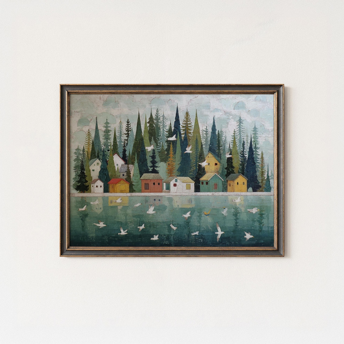 Nordic Folk Art Print, Scandinavian Village Landscape
