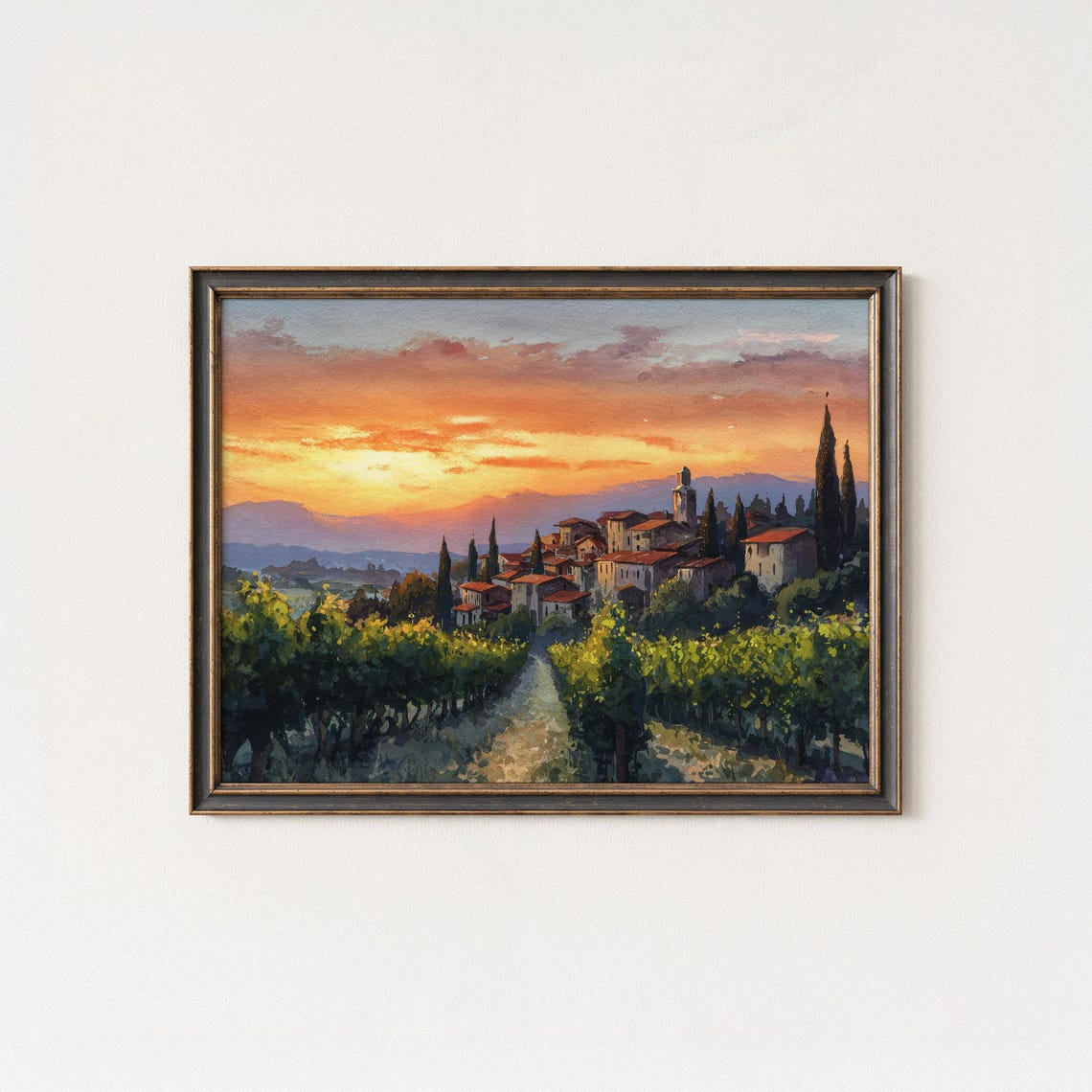 Tuscan Vineyard Sunset Watercolor Italy Hillside Village Art Poster