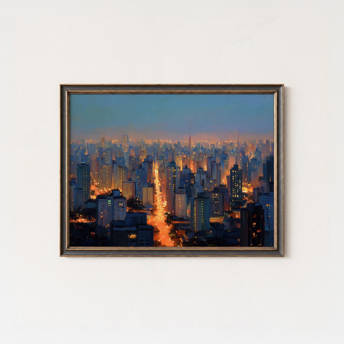 Downtown City Skyline At Dusk Glowing Streets Aerial View Wall Art