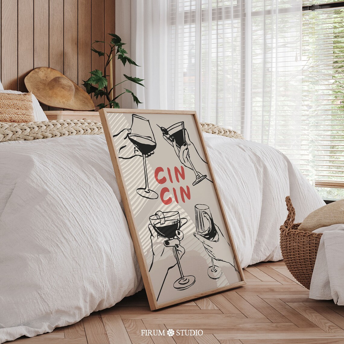 Cin Cin Cocktail Bar Poster Trendy Line Art Cheers Toast Martini Glasses - Image 2