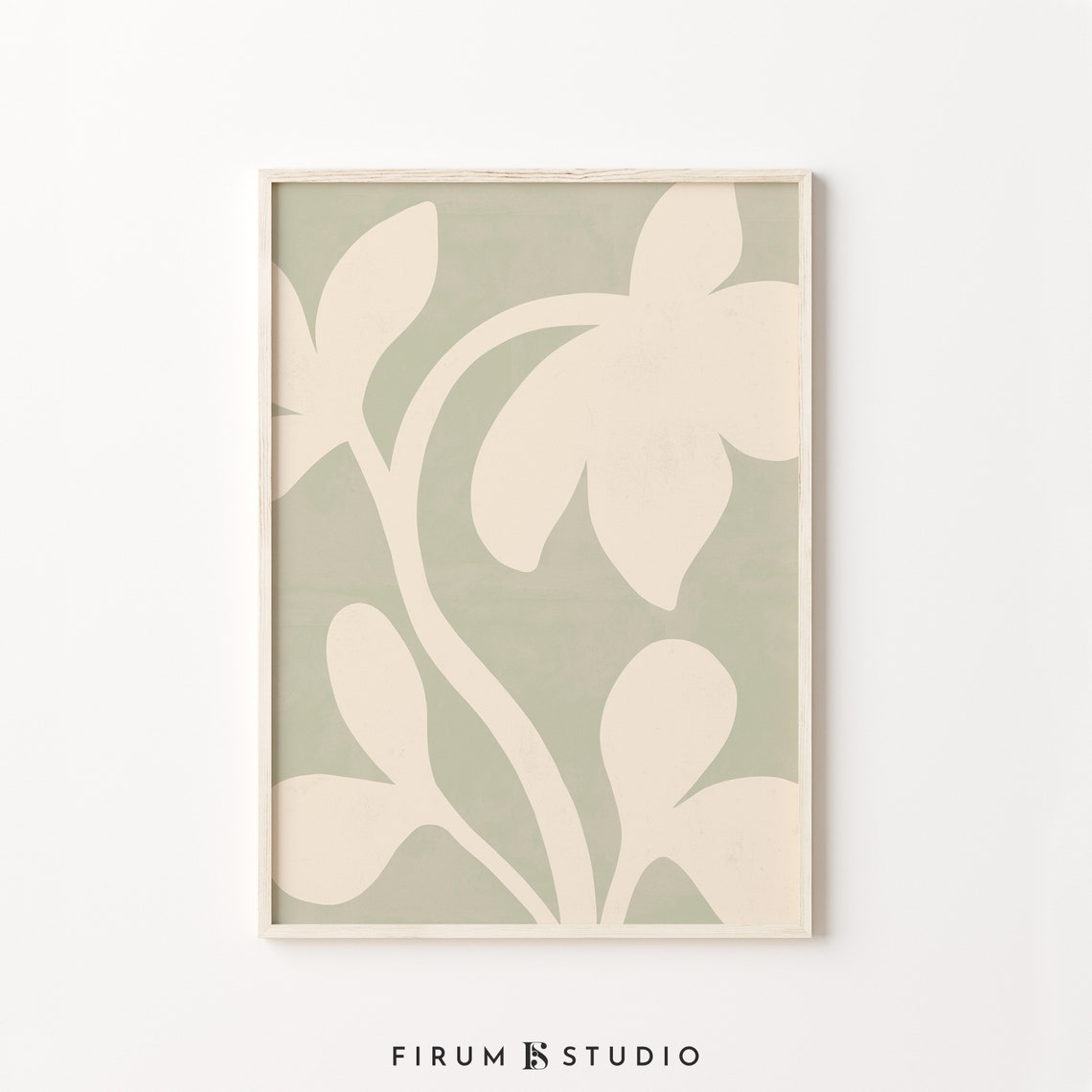 Sage Green Botanical Wall Art with Cream Stem for Japandi Calm Decor