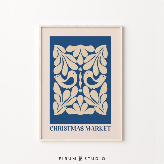 Scandinavian Christmas Market Folk Bird Blue Cream Art Print Decor