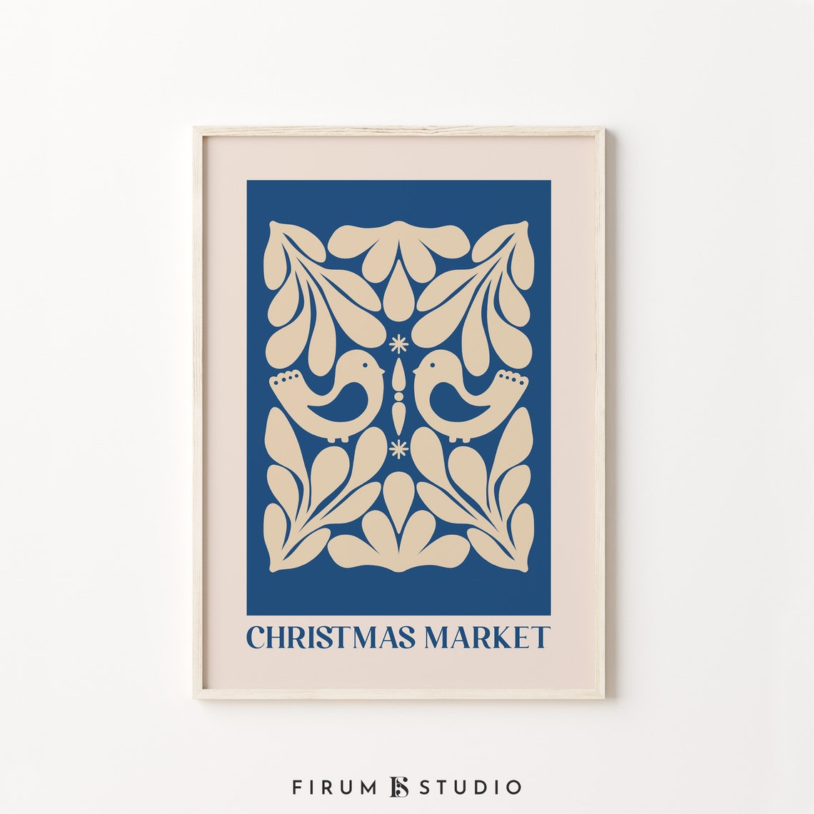 Scandinavian Christmas Market Folk Bird Blue Cream Art Print Decor