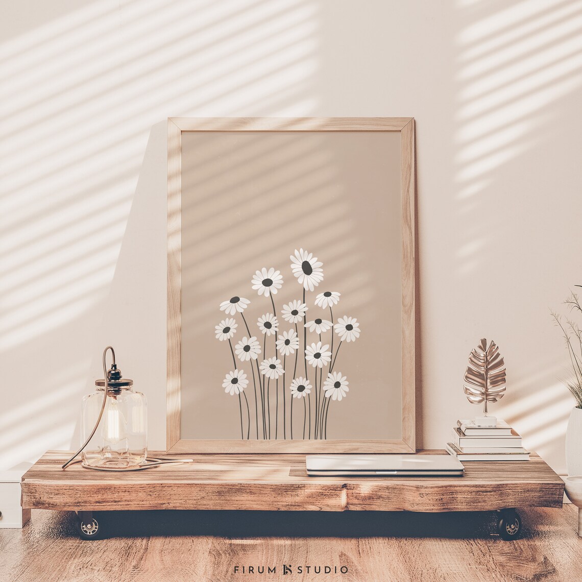 Beige Black Daisy Floral Art Print, Neutral Decor