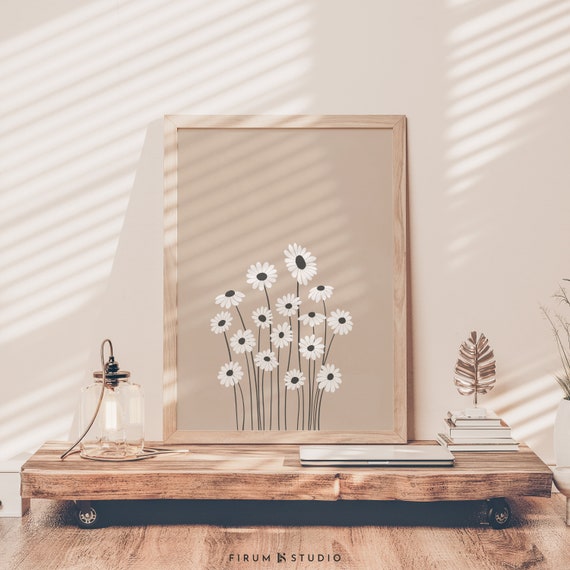 Beige Black Daisy Floral Art Print, Neutral Decor