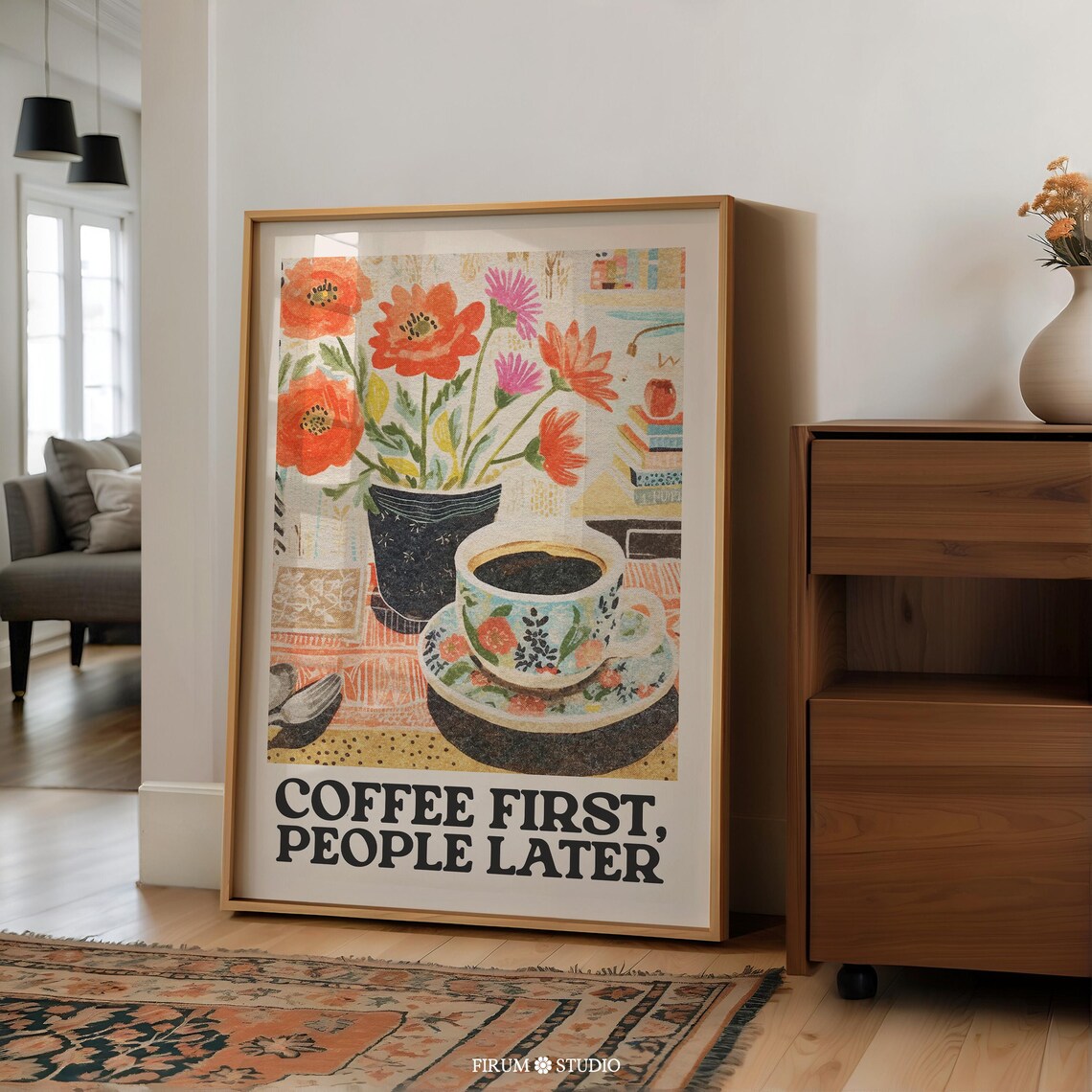 Coffee First Retro Poster, Maximalist Coffee Cart Decor