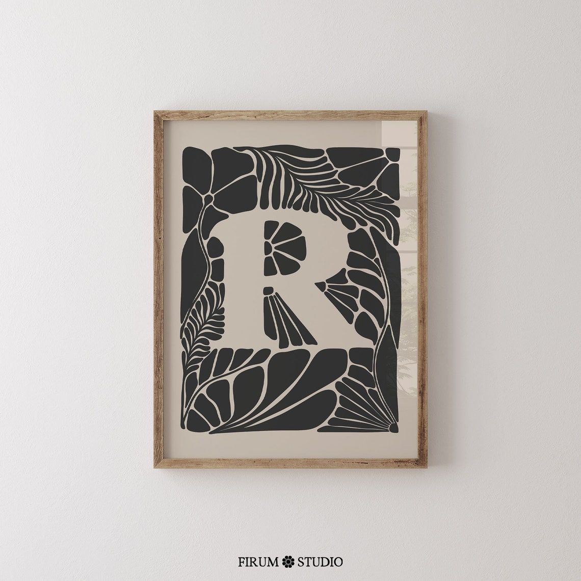 Letter R Botanical Initial Monogram Black Leaf Pattern Art Print - Image 2