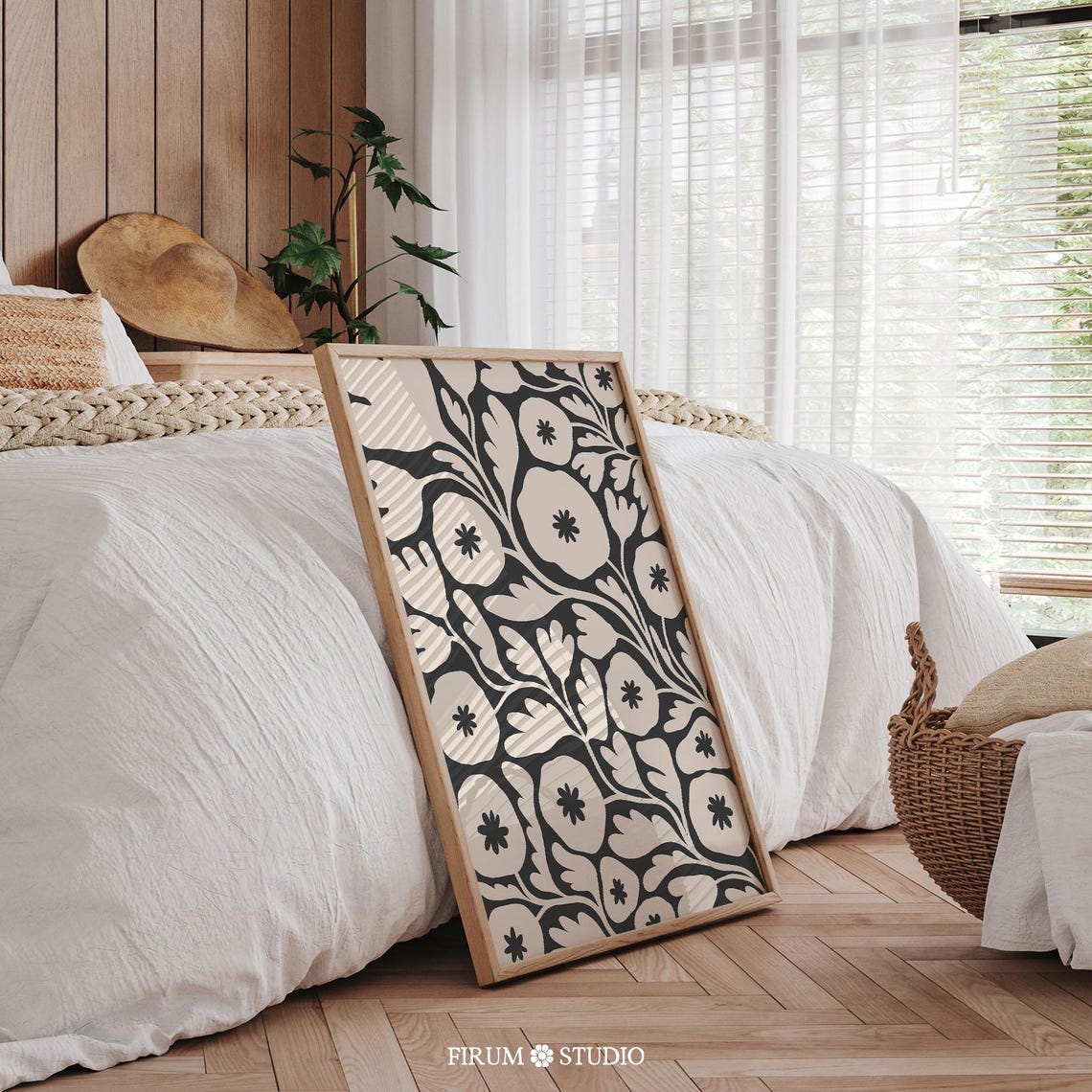 Modern Dark Floral Folk Pattern Black Beige Vintage Wall Art - Image 2