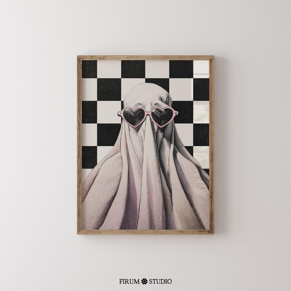 Ghost Heart Sunglasses Poster Checkerboard Halloween Art Trendy Wall Decor - Image 2