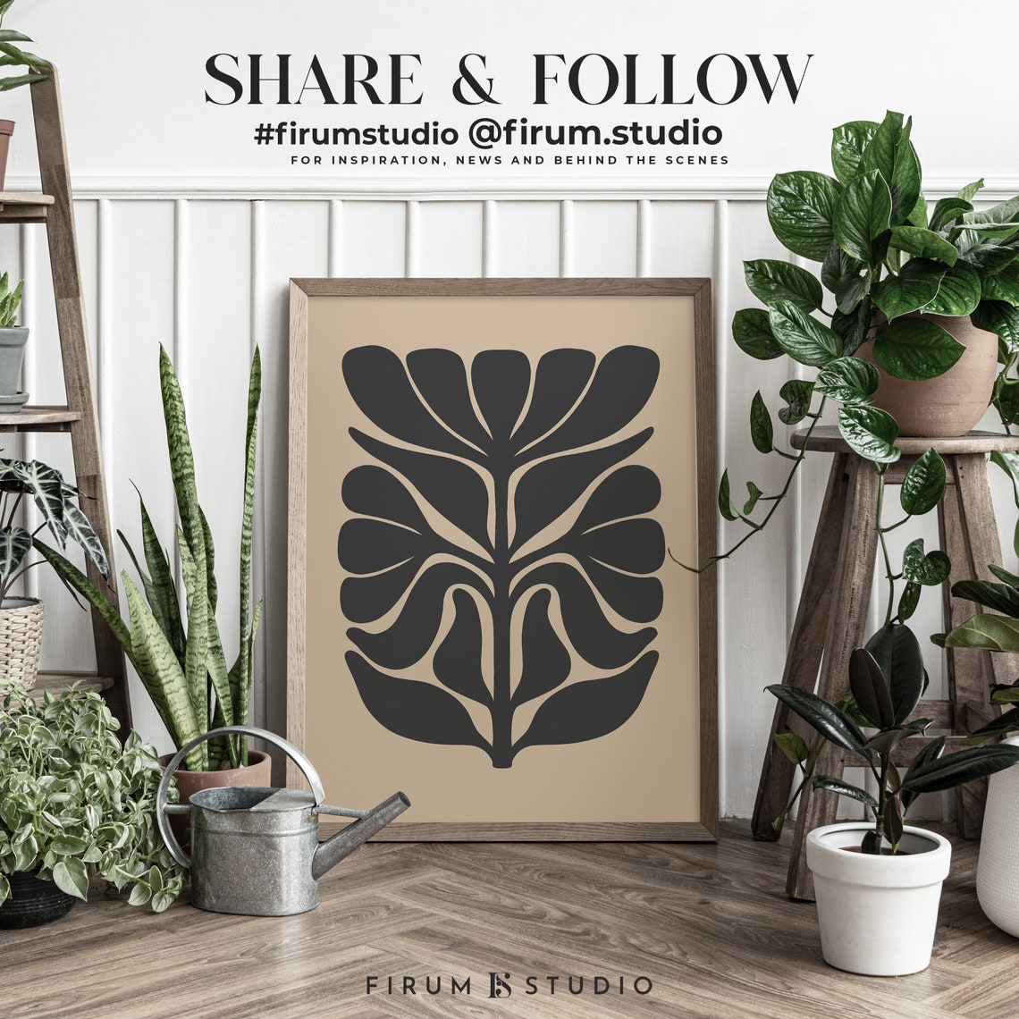 Black Abstract Floral Silhouette Neutral Beige Botanical Art Print - Image 2