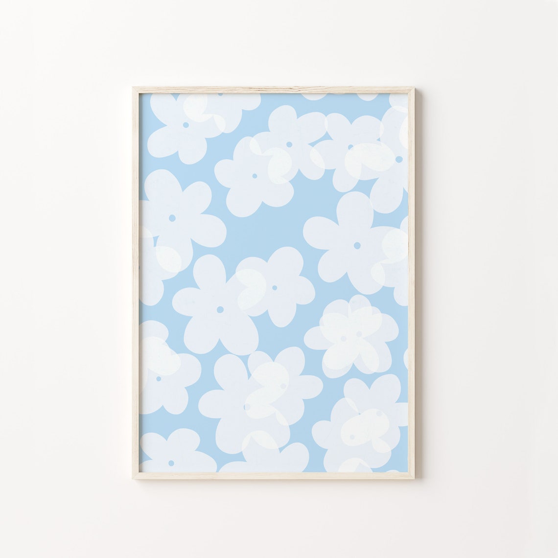 White Daisy Flowers Light Blue Floral Pattern Soft Pastel Art Poster