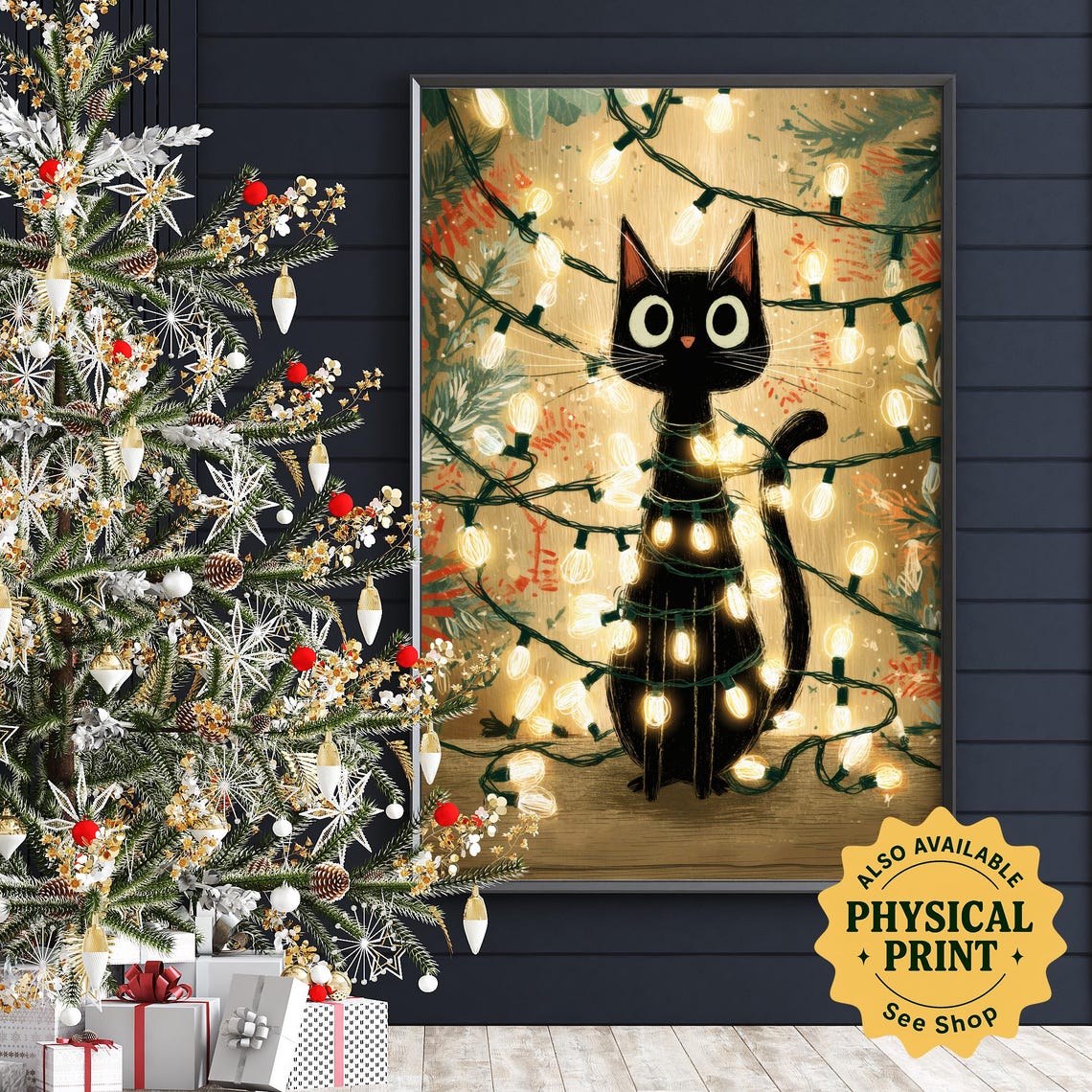 Cute Black Cat Tangled In Glowing Christmas Lights Holiday Poster