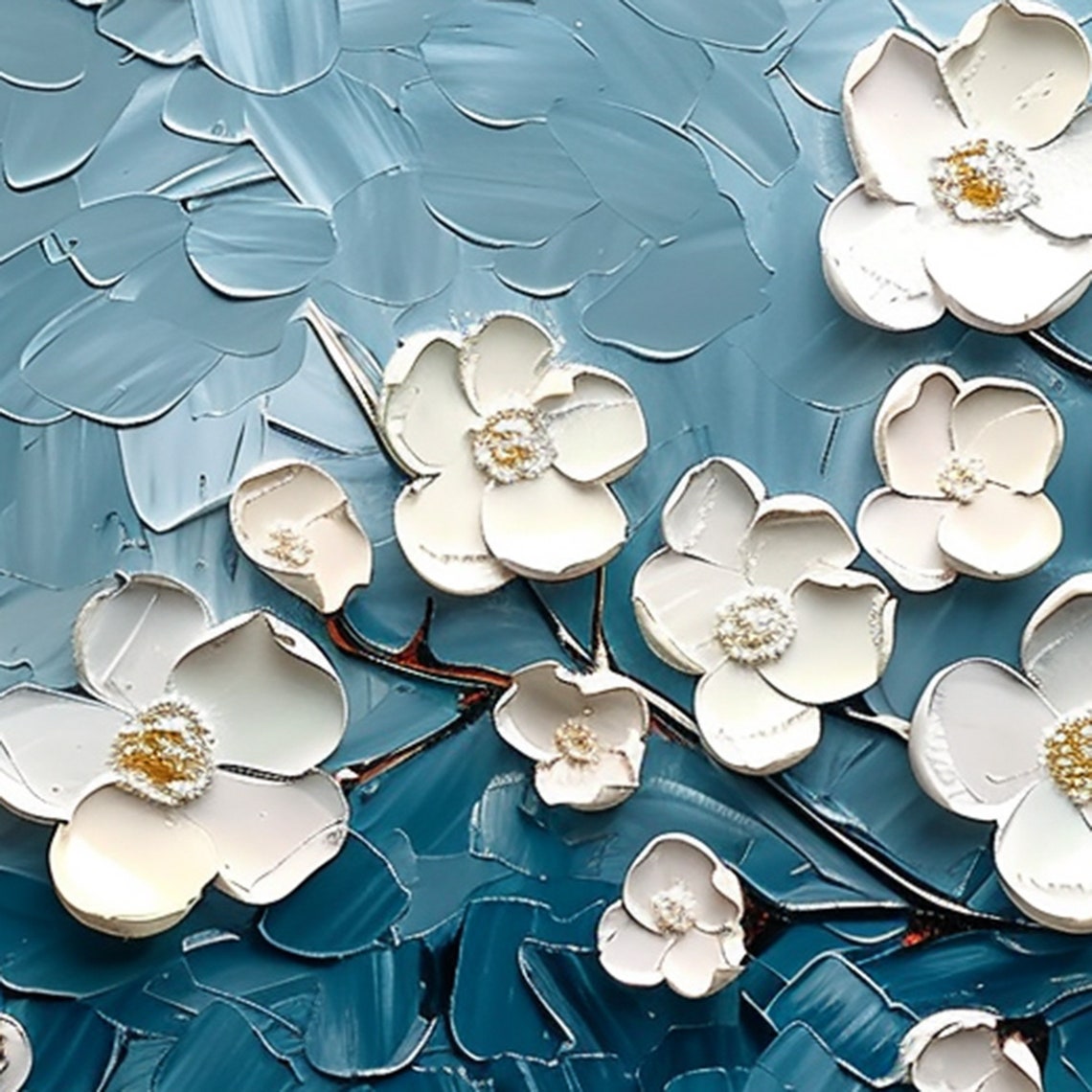 White Blossom Branches on Teal Blue Textured Oil Painting Poster - Image 7
