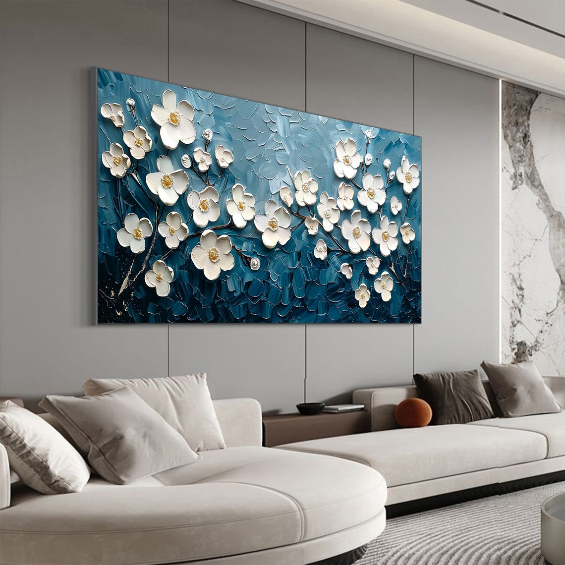 White Blossom Branches on Teal Blue Textured Oil Painting Poster - Image 8