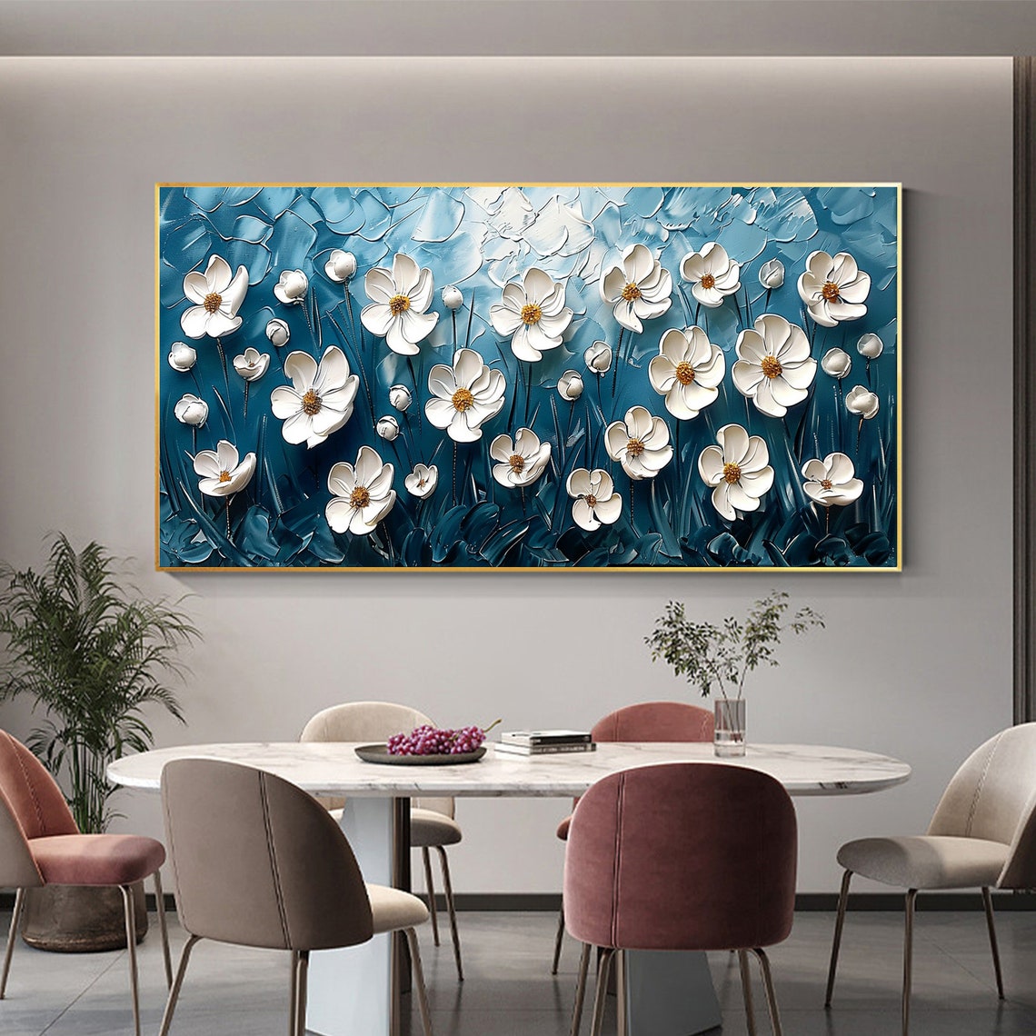 White Daisies on Bright Teal 3D Textured Floral Oil Painting Poster - Image 5