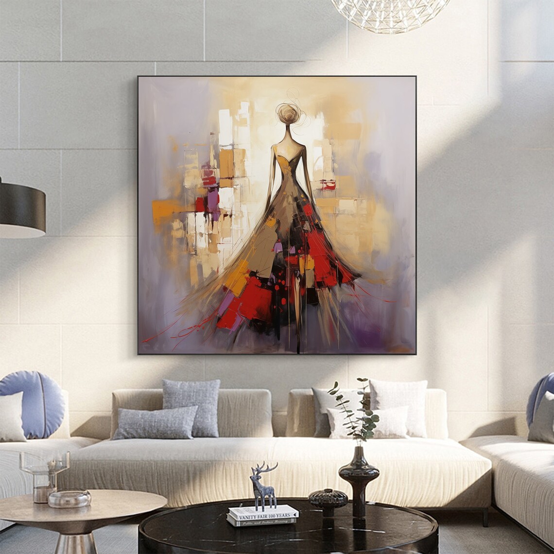Elegant Woman Flowing Red Dress Abstract City Back View Poster - Image 5