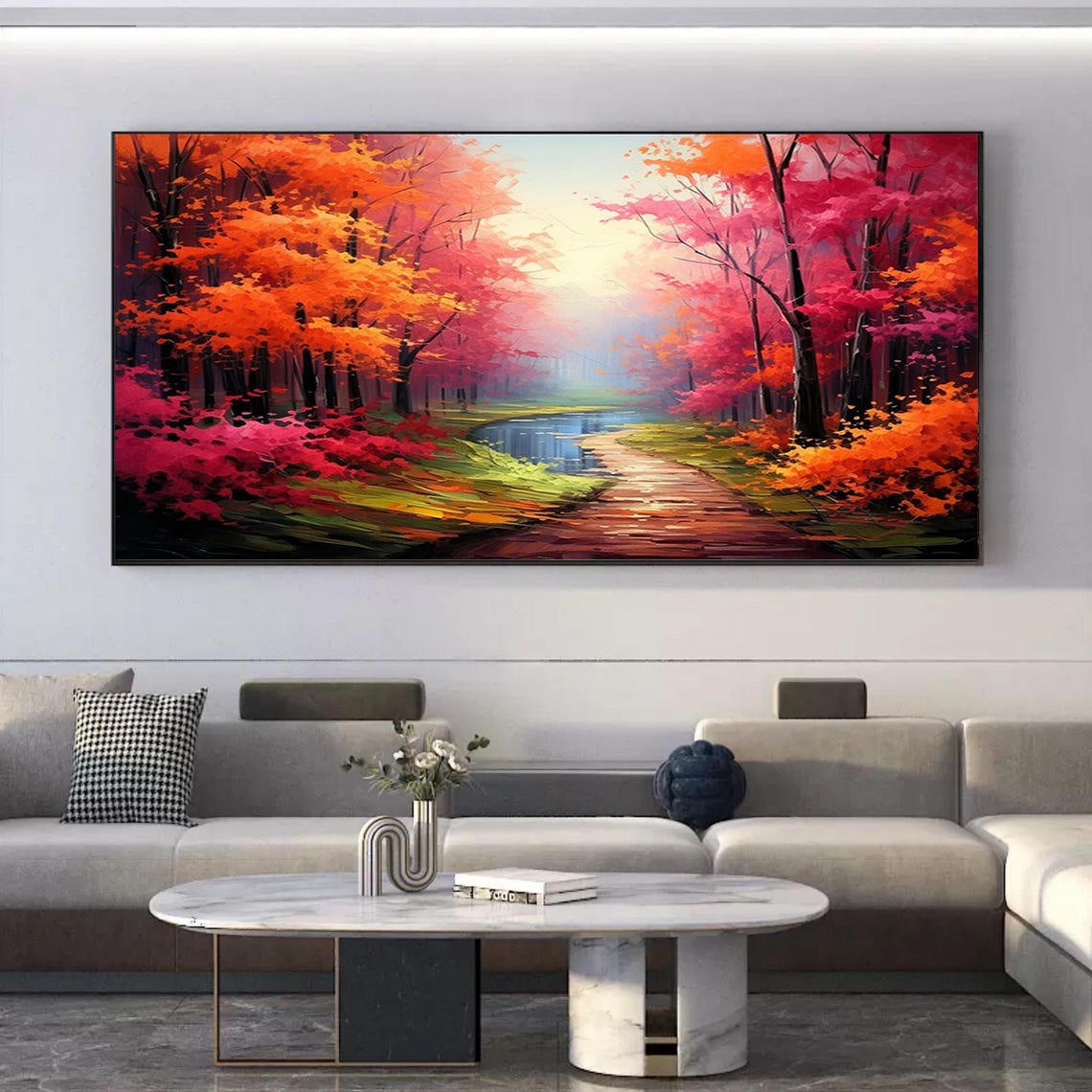 Autumn Forest Path Red Orange Trees Peaceful Water Art Poster - Image 8