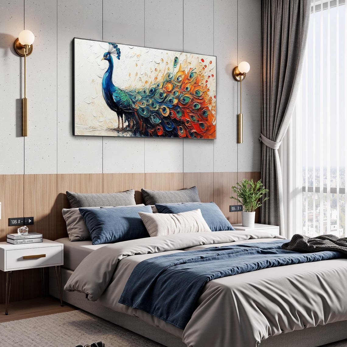 Blue Peacock With Fiery Tail Feathers Textured Oil Painting Poster - Image 5
