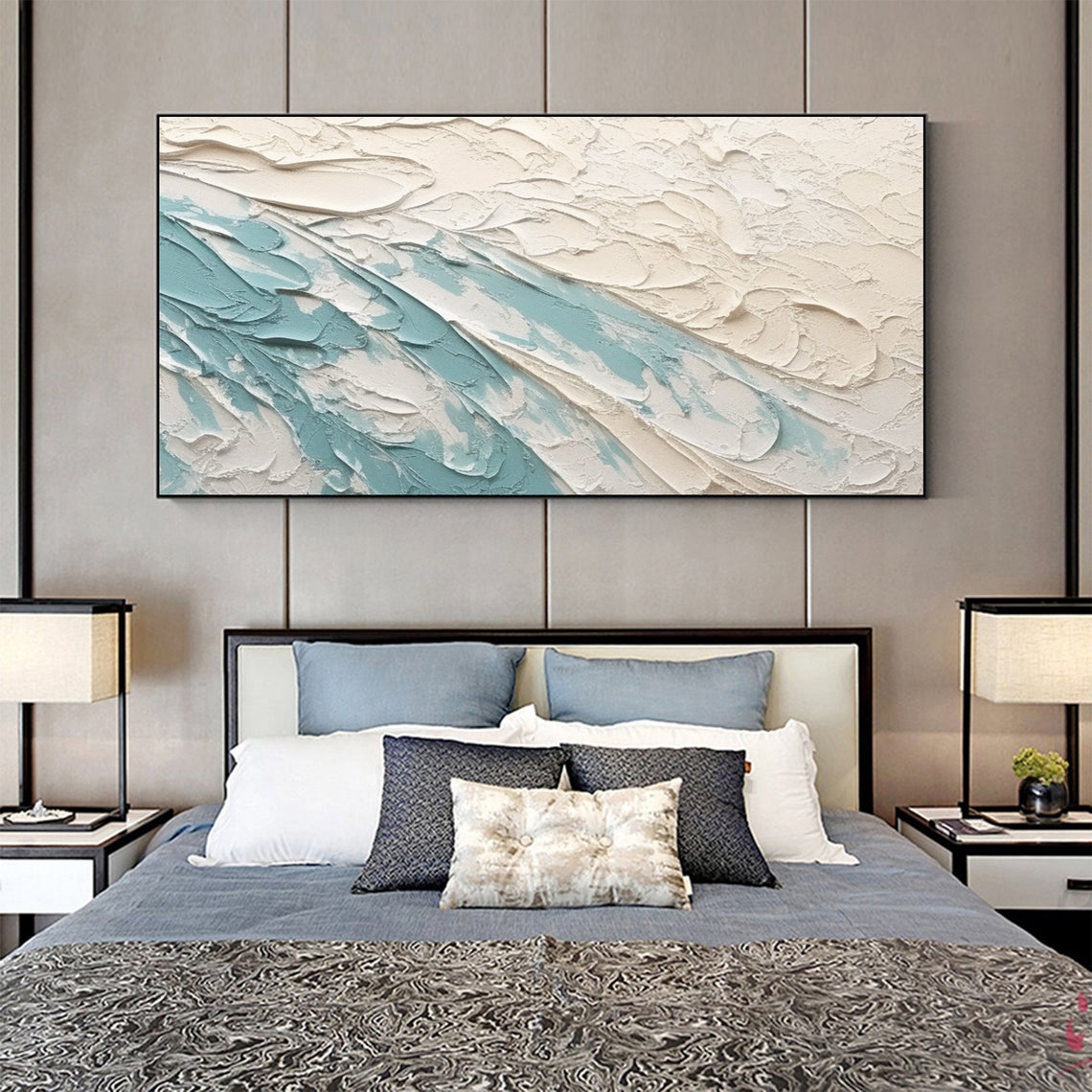White Teal Ocean Wave Minimalist 3D Textured Abstract Poster - Image 3