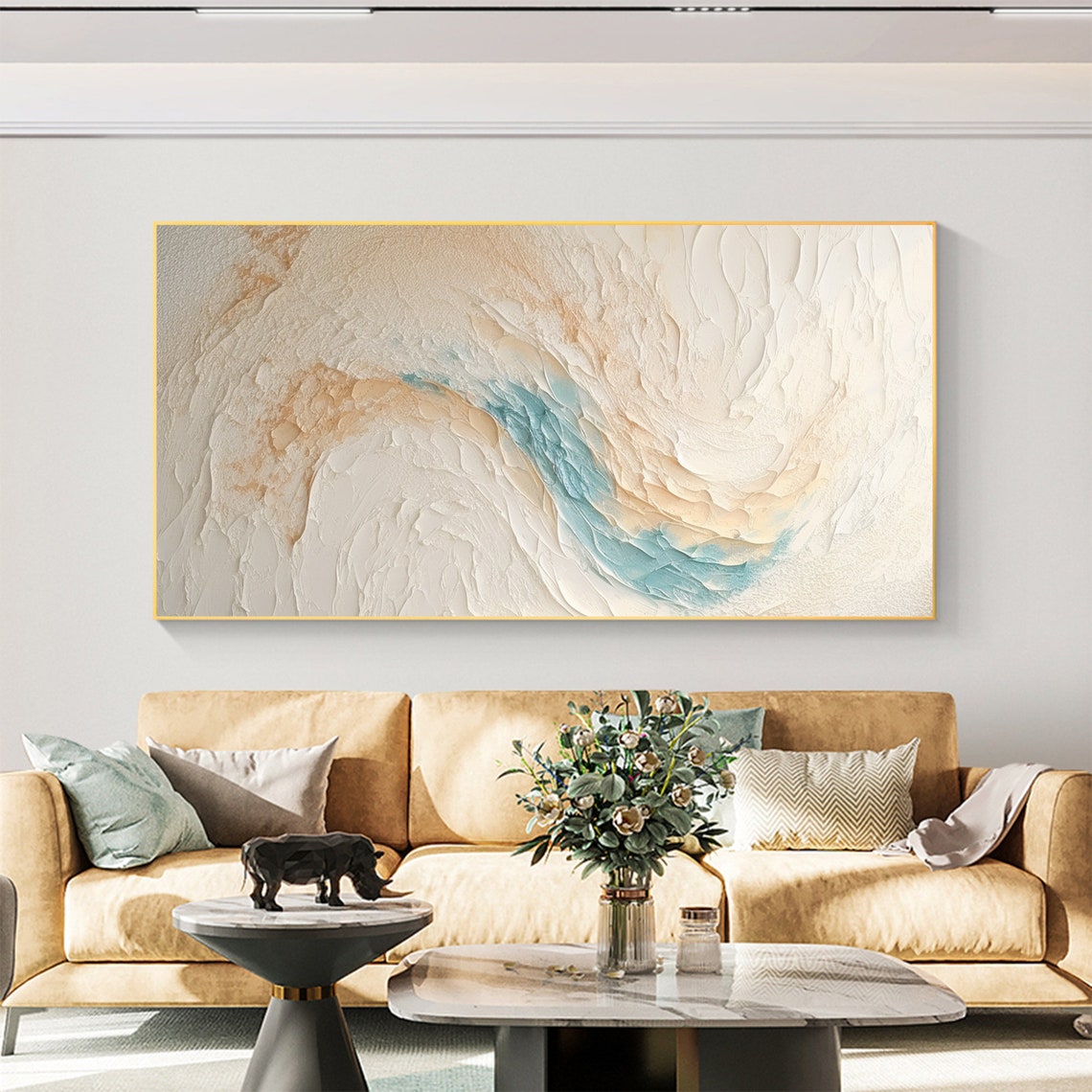 Cream And Teal Textured Wave Minimalist Modern Beach Art Poster - Image 7
