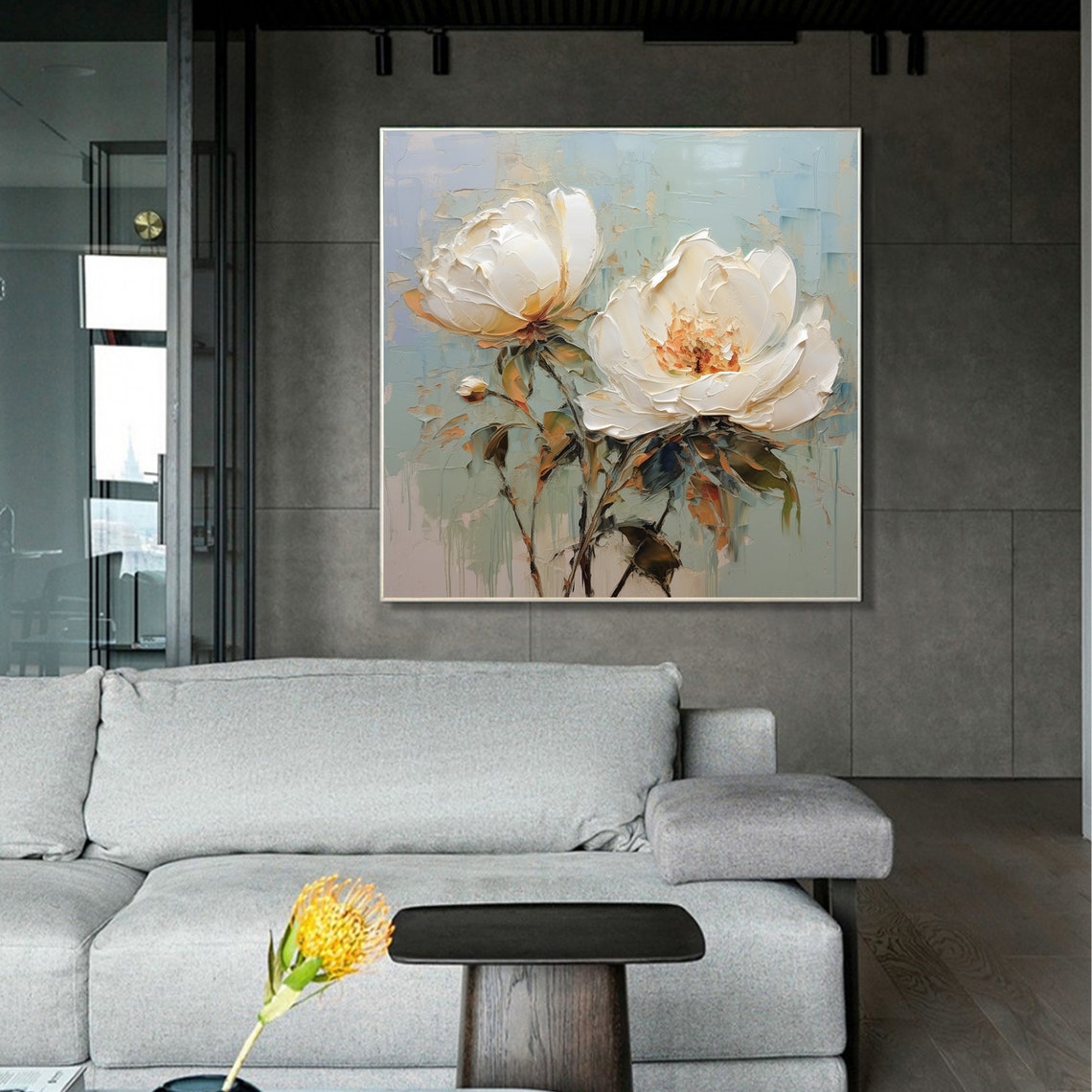 White Peony Blossoms Blue Gray Soft Textured Floral Art Poster - Image 3