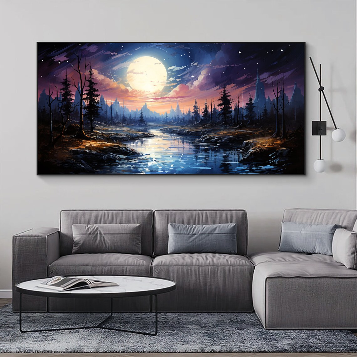 Abstract Night Lake Landscape Oil Painting On Large Wall Art Original Forest Painting Sky Wall Art Boho Wall Decor Living Room Art - Image 5